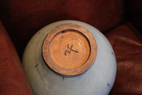 A Chinese numbered Jun type high shouldered jar, 18th century or earlier, height 26cm, diameter 30cm, faults